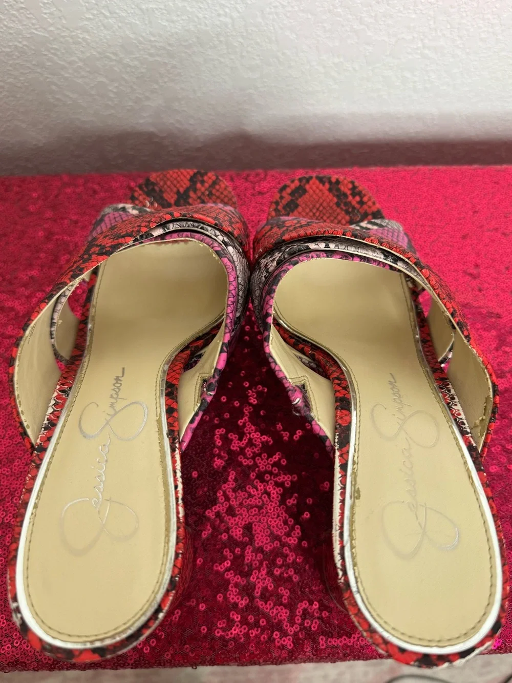 JESSICA SIMPSON 💖 Hot Pink & Red Snake-Print Platform Mule Heels (Women’s 8.5)